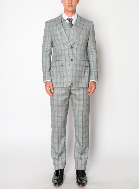 3 Piece Plaid Suit - Grey (108106)